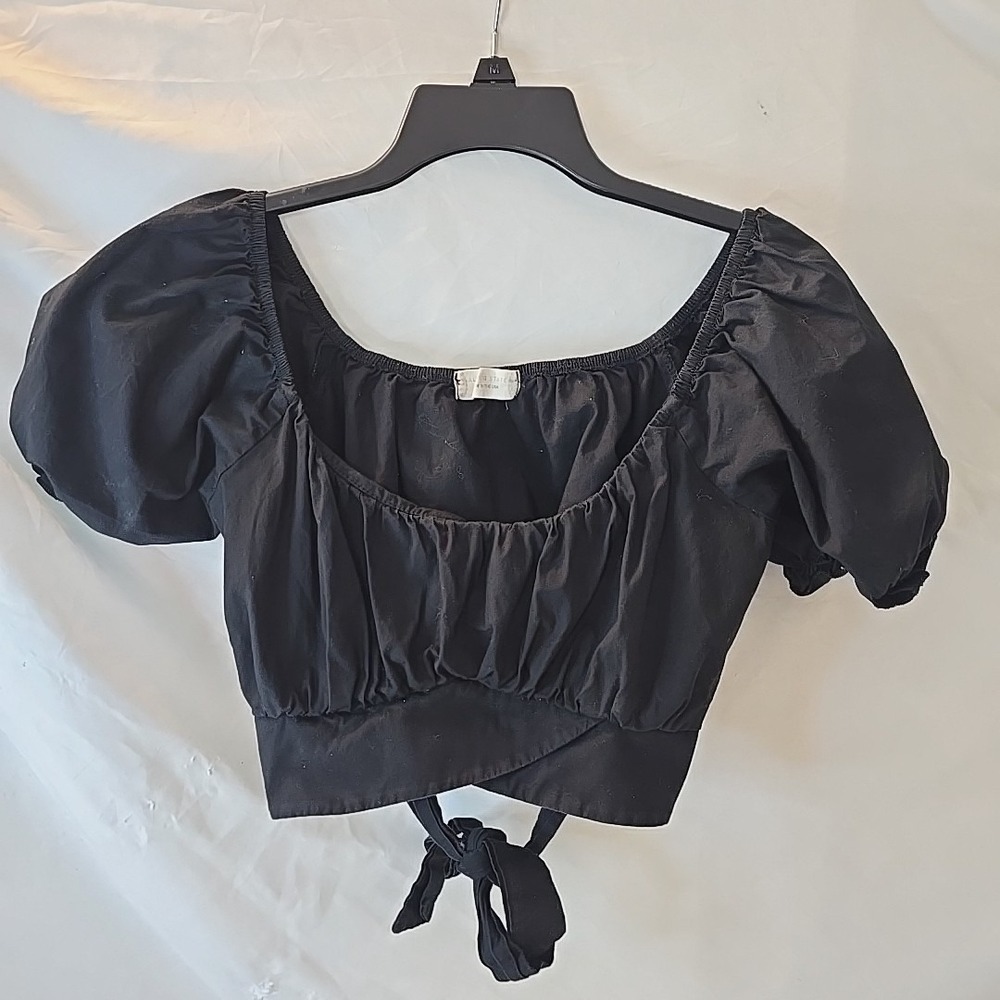 Altar'd State Puffed Sleeve Back Tie Short Sleeve Crop Top Black Festival Y2K L